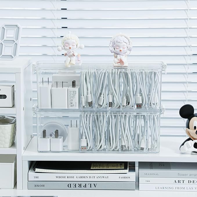 Yesesion 2 Pack Cord Organizer Box with Lid, Clear Desk Drawer Accessories Storage Case for Home Office Supplies, Art Crafts, Phone Charger, USB Cables, Marker Pen, Pencil Holder