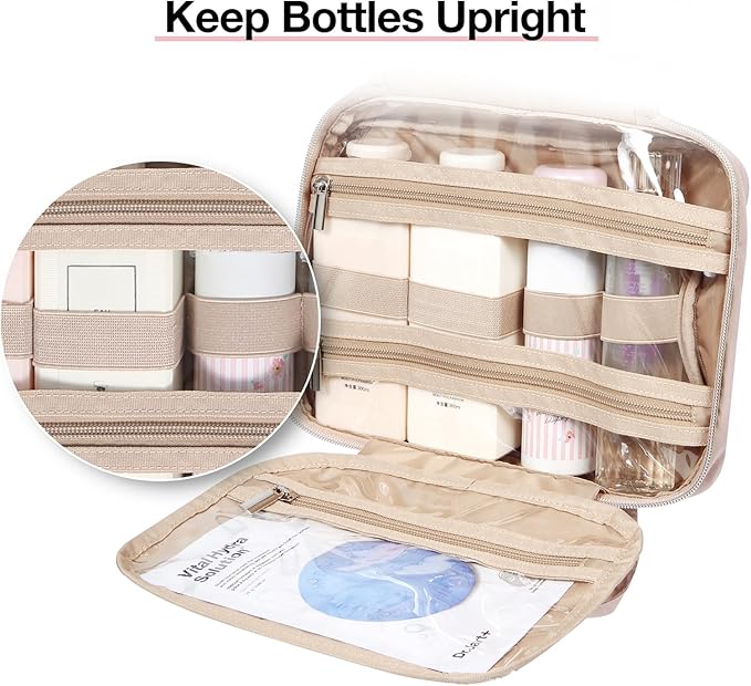 BAGSMART Toiletry Bag Hanging Travel Makeup Organizer with TSA Approved Transparent Cosmetic Bag Makeup Bag for Full Sized Toiletries, Medium-Pink