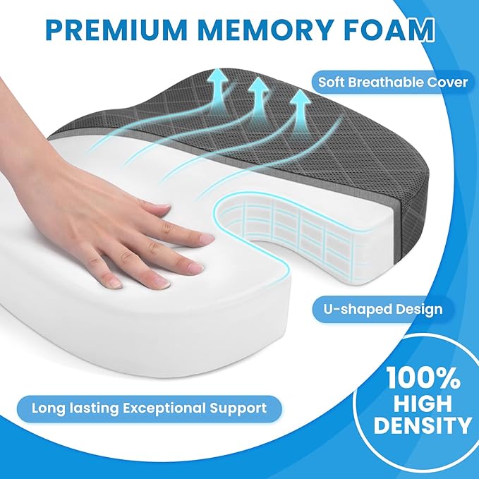TushGuard Seat Cushion - Memory Foam Cushion for Office Chair, Car Seat, Airplane, Bleacher - Sciatica & Hip & Coccyx Pain Relief Cushions for Long Sitting Office Workers, Car Drivers (Grey, X-Large)