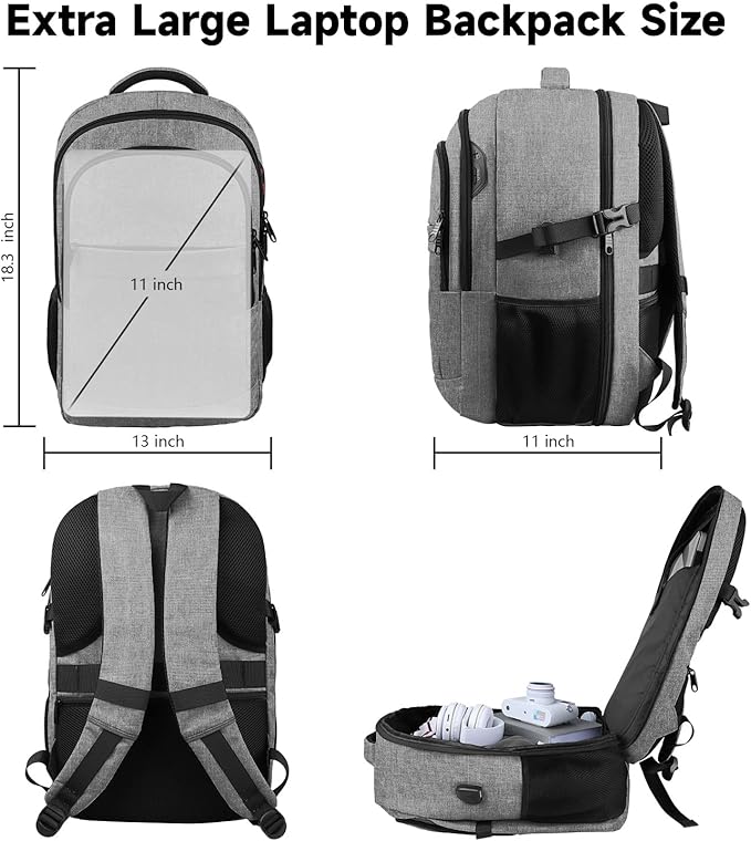 Lapsouno Extra Large Laptop Backpack, 17 Inch Carry on Travel Backpack, Anti-Theft College School Computer Bag with USB Port, Gift for Men Women, Grey
