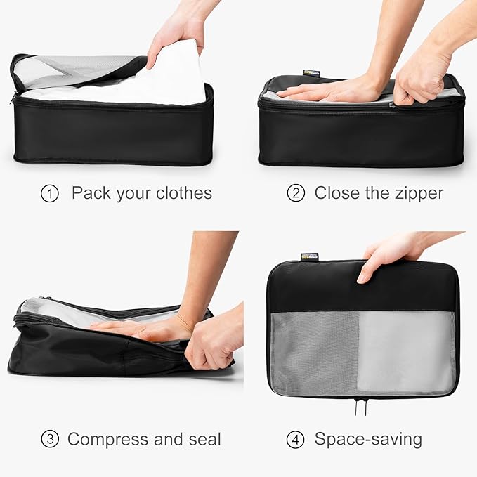 Compression Travel Packing Cubes, 6 Set Expandable Luggage Organizer Bags, Durable Travel Accessories for Suitcases, Backpacks, and Carry-Ons (Black)