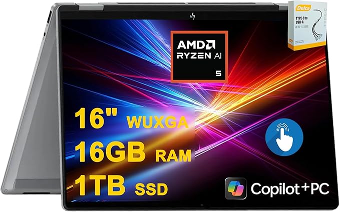 HP OmniBook X Flip Copilot+ AI PC 2-in-1 Laptop | 16" WUXGA Touch (400nits) | AMD 6-core Ryzen AI 5 340 (Up to 50 Tops) | 16GB DDR5 1TB SSD | Backlit 5MP IR Privacy Camera Win11Pro w/DLCA Accessory