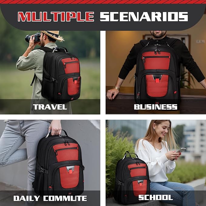 Large Travel Backpack, 50L Laptop Backpack for Men 17.3 Inch, TSA Approved, Heavy Duty with USB Charging, Anti Theft for College Business Work, Red