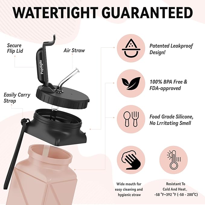 Collapsible Water Bottles 20.6oz Foldable Water Bottle BPA Free Reusable Lightweight LeakProof Travel Silicone Water Bottles for Travel Gym Hiking Camping (Upgrade Light Pink)