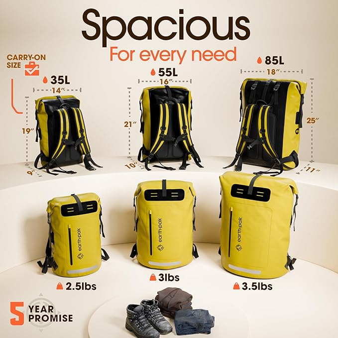 Earth Pak Waterproof Backpack - Heavy Duty Hiking Backpack - Roll-Top Closure - Waterproof Bag - Cushioned Dry Bags Waterproof w/ IPX8 Waterproof Phone Case - Wet Bag for Hiking, Kayak