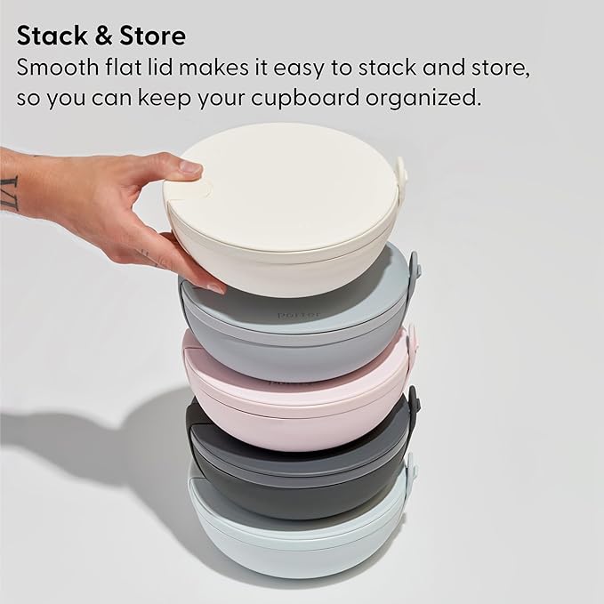 W&P Porter Plastic Bowl Lunch Container w/ Protective Non-slip Exterior, Charcoal 1 Liter | Lid & Snap-tight Silicone Strap | Food Storage, Bento Box, Meal Prep | BPA-Free Plastic