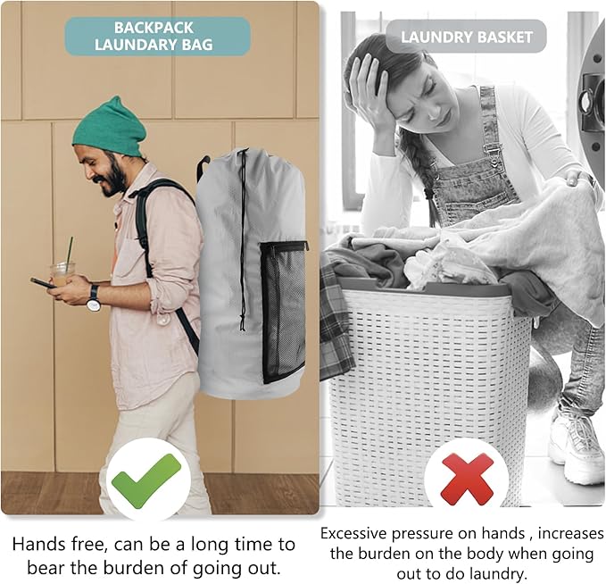 Laundry Bag Backpack, Extra Large Travel Laundry Bag with Mesh Pocket & Adjustable Shoulder Straps,Dirty Clothes Travel Bag for College Students Dorm,Apartment(Light Gray)