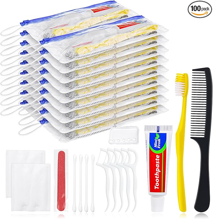 Personal Hygiene Kit Bulk Pack of 100,Yellow Disposable Toothbrushes with Toothpaste Floss Comb Cover and Hotel Vanity Set Basic Travel Toiletry Kit Supplies for Homeless,Charity,Guests