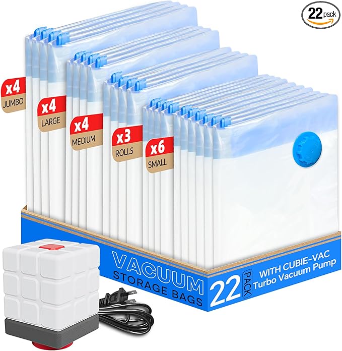 Vacuum Seal Bags for Clothing, 22 Pack Vacuum Storage Bags (4 Jumbo, 4 Large, 4 Medium, 6 Small, 4 Roll) for Clothes Comforters, Travel Space Saver Bag with Compact Electric Pump (2025 Upgrade)