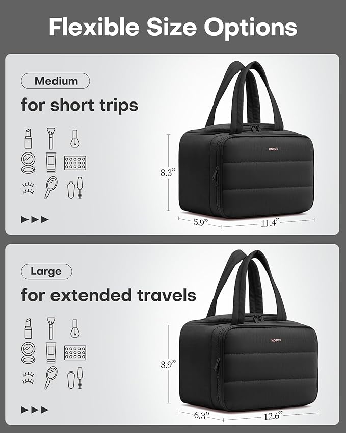 HOTOR Travel Toiletry Bag - Wide-Open Toiletry Bag for Women, Multi-Pocket Makeup Bag for Travel Essentials, Wet & Dry Separation Travel Accessories for Trip, Gym, 12.6" x 6.3" x 8.9", Black