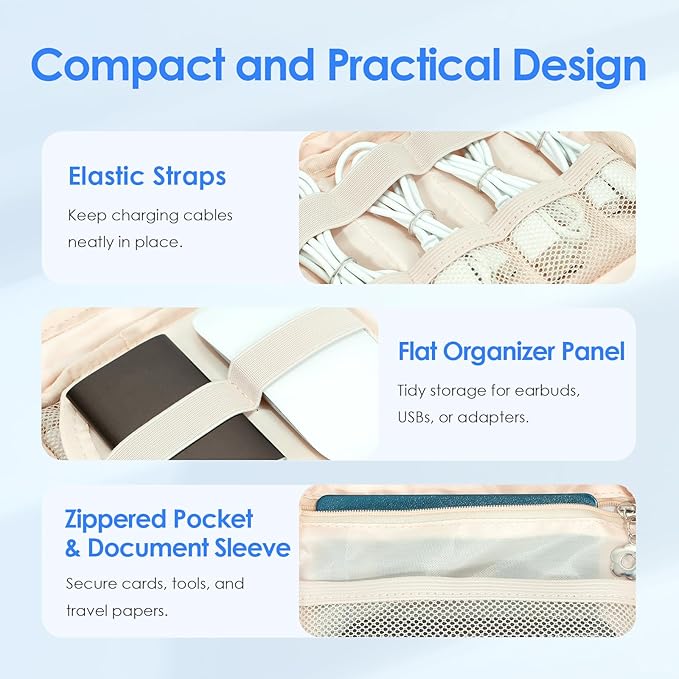 LENTION Cable Organizer Bag, Electronics Accessories Organizer, Waterproof Cable Bag for Power Bank, Chargers, USB Cables, SD Cards, Earphones (apricot)