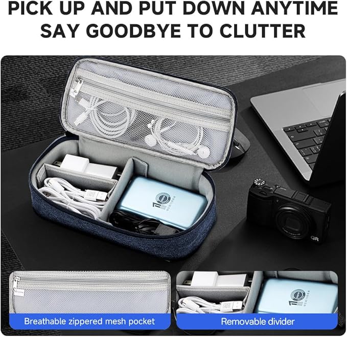 Teskyer Electronics Organizer Travel Case, Waterproof Portable Tech Accessories Pouch with Organized Compartments for Cables, Phone, Chargers, Earphone, Navy Blue