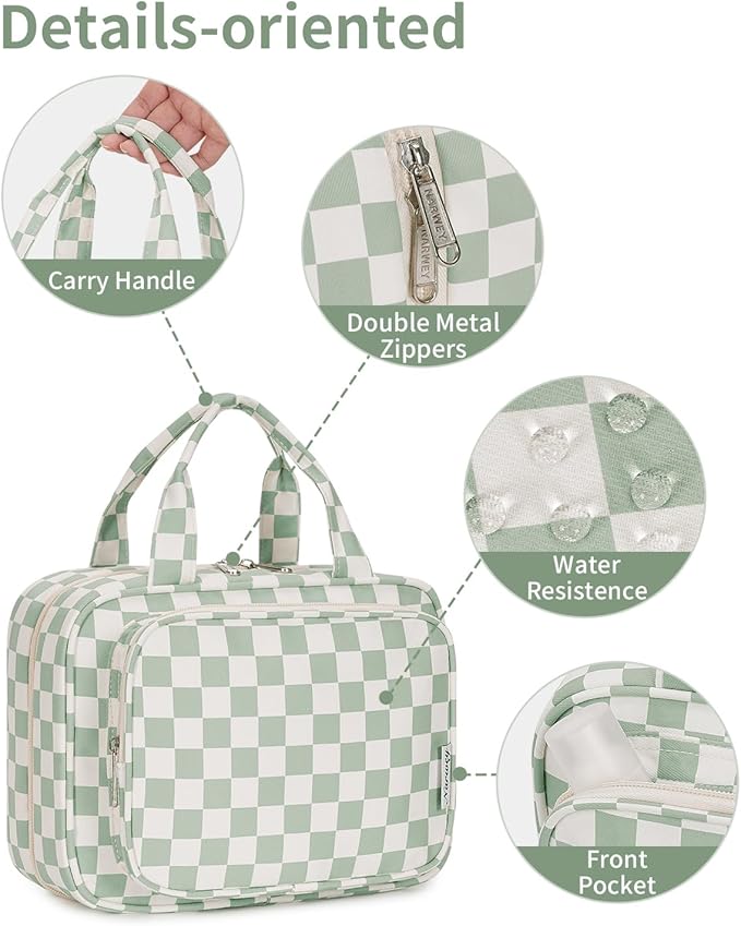 Narwey Travel Toiletry Bag for Women Large Hanging Makeup Bag Organizer Toiletries Bag for Full Size Essentials Accessories Cosmetics (Mint Green Checkerboard (Large))