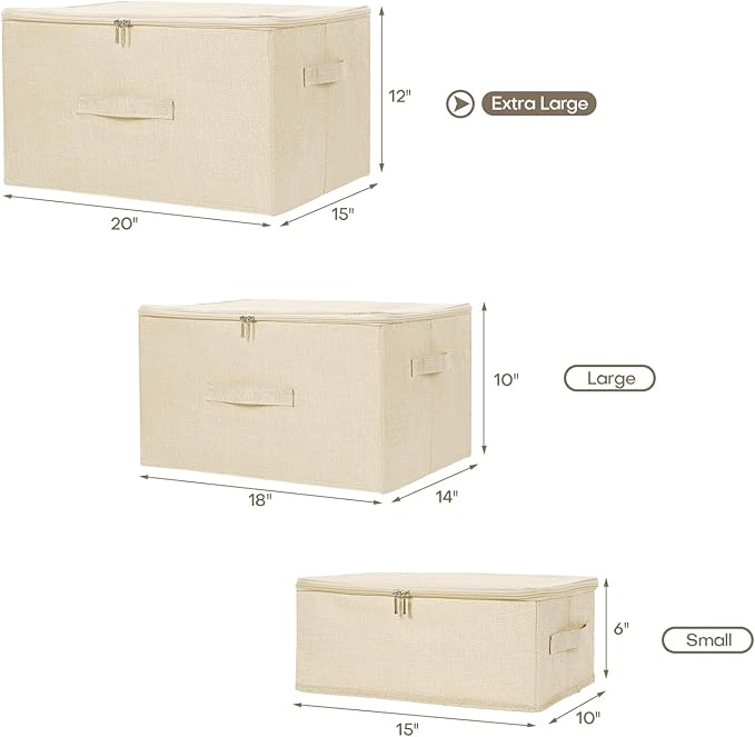 ANMINY Storage Bins with Zipper Lids 51.9 Qt Lidded Fabric Storage Boxes Baskets Cubes with Handles Collapsible Washable Cotton Linen Closet Shelf Clothes Organizer - Beige, Extra Large