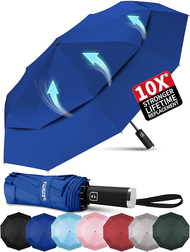 Seniny Windproof Travel Umbrella, Double Vented Canopy Large Umbrellas for Rain, Automatic Compact Umbrella for Car Backpack, Portable Pocket UV Umbrellas for Sun Protection Walking, Lightweight