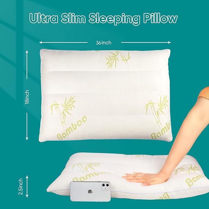 MINUPWELL Ultra Thin Pillows, Flat Pillows for Sleeping Thin, 7D High Support 2.5 inch Height Slim Bed Pillows for Stomach Sleeper, Standard Size -18x36 in - Rayon Derived from Bamboo