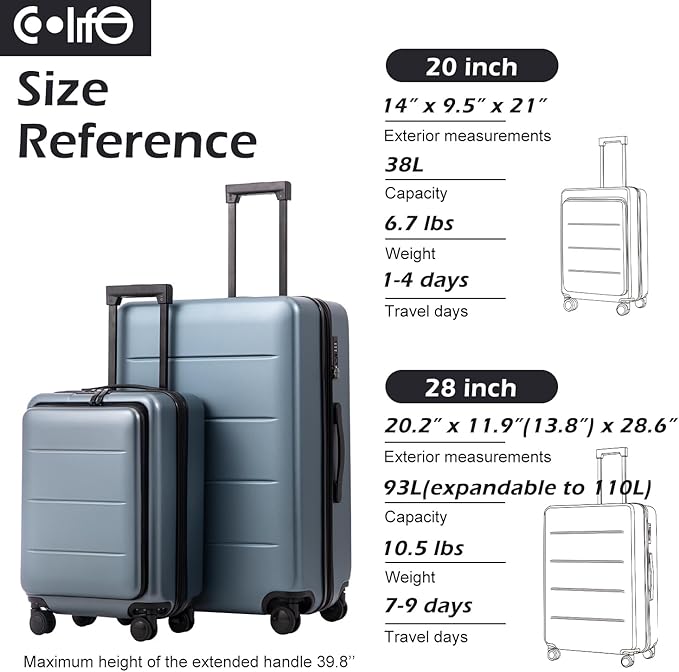 Coolife Luggage Suitcase Piece Carry On ABS+PC Spinner Trolley with pocket Compartmnet(Sakura pink, 20in(carry on))
