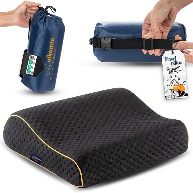 Travel & Camping Comfortable Memory Foam Pillow – Easy to Carry Portable Bag – Temperature Regulating Pillow Case (Black Contour)