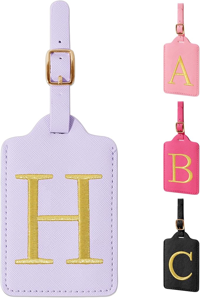 Personalized Initial Luggage Tags for Suitcase, Purple Leather Cute Luggage Tags with Privacy Cover Name Card, Embroidered Custom Monogrammed Luggage Tag Travel Backpack Tags Gifts for Women Kids(H)