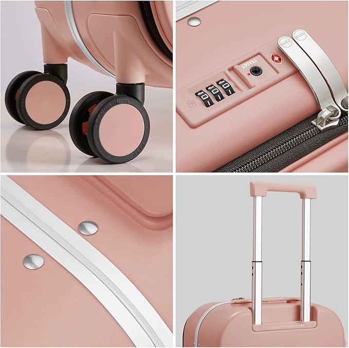 mixi Carry On Luggage, 18” Suitcase with Front Laptop Pocket, Travel Luggage Aluminum Frame PC Hardside with Spinner Wheels & TSA Lock and Cover (Not for Underseat), Pink