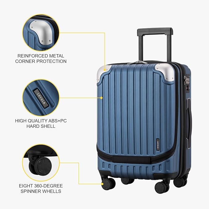 LEVEL8 Grace Carry on Luggage 22x14x9 Airline Approved, 20 Inch Hard Shell Suitcases with Spinner Wheels, Abs+Pc Hard Case Luggages with Tsa Lock for Airplane, Blue