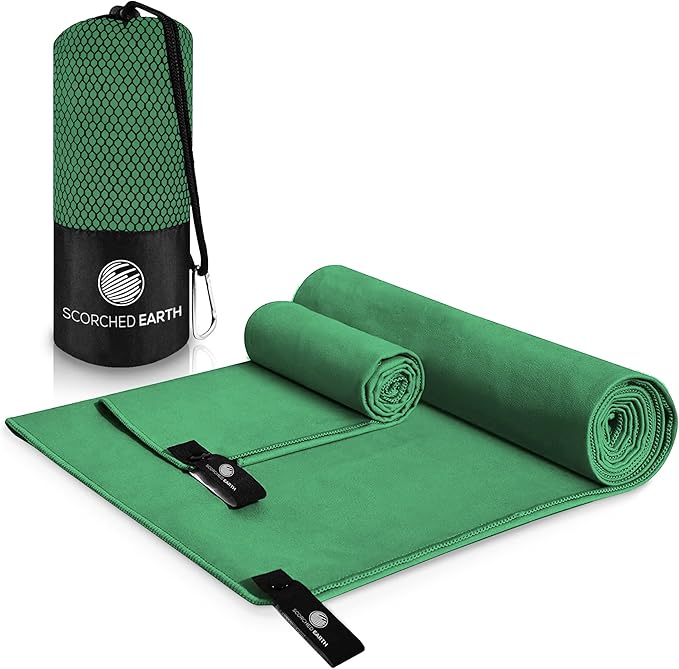 ScorchedEarth Microfiber Travel & Sports Towel Set - Quick Dry, Super Absorbent, Compact, Lightweight - for Camping, Backpacking, Hiking, Beach, Yoga, Swimming - Includes 2 Sizes + Carrying Bag & Clip