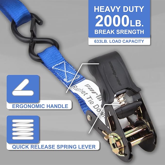 Cartman Ratchet Tie Down Straps 4PK 2,000lb Max Break Strength with Premium 1" x 15' Rachet Tie Downs with Padded Handles, 4PK 1" x 18" Soft Loop for Moving, Securing Cargo