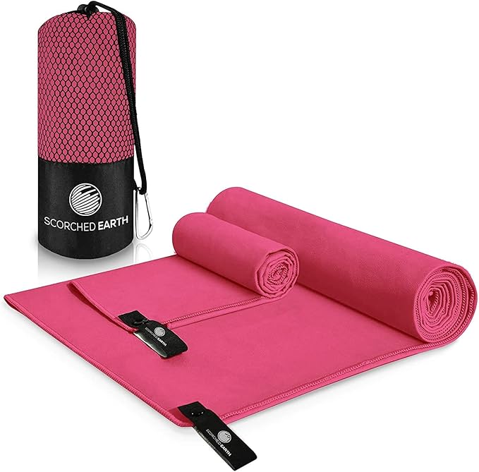 ScorchedEarth Microfiber Travel & Sports Towel Set - Quick Dry, Super Absorbent, Compact, Lightweight - for Camping, Backpacking, Hiking, Beach, Yoga, Swimming - Includes 2 Sizes + Carrying Bag & Clip