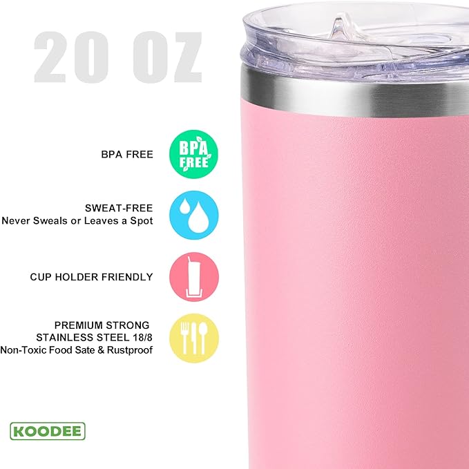 koodee 20 oz Stainless Steel Skinny Tumblers (4 Pack) Double Wall Insulated Water Tumbler Cup with Lids, Straws and Straw Brushes (Teal/Purple/Pink/Black)
