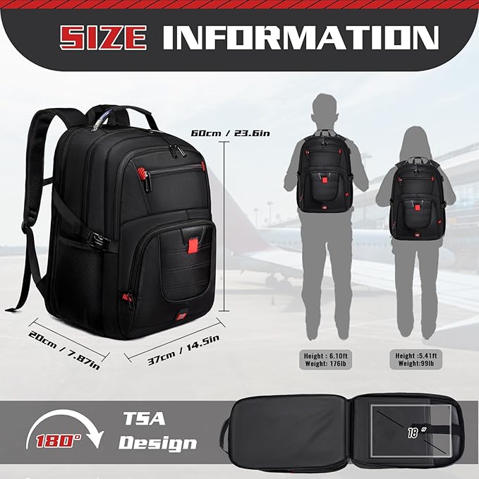 Extra Large 55L Travel Backpack, 18 inch Laptop Bag for Men, TSA Approved Heavy Duty with USB Charging Port, Anti Theft Rucksack for Business Work College, Black