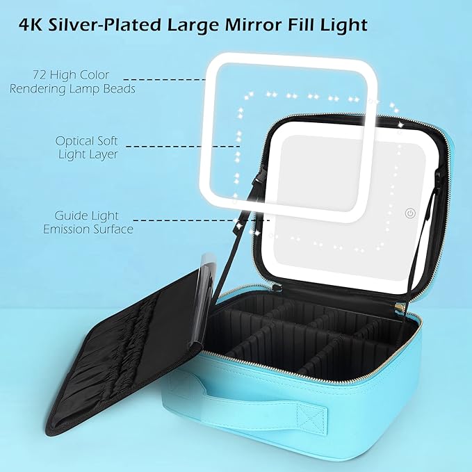 MOMIRA Travel Makeup Bag Cosmetic Bag Makeup Organizer Bag with Lighted Mirror, Adjustable Brightness in 3 Color Scenarios, Waterproof Makeup Train Case, Gift for Women - Diamond Blue