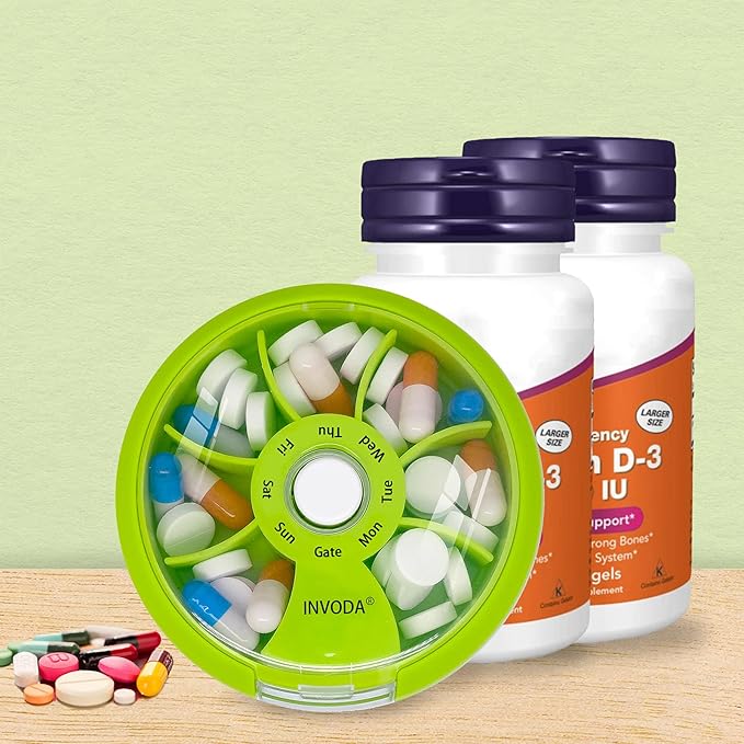 INVODA Weekly Pill Organizer 7 Compartment Rotating Pill Box for Daily Medication & Vitamins - Portable Travel Pill Case Fish Oil Supplements Vitamins Organizer (4 Pill Box+ 4 Bag)