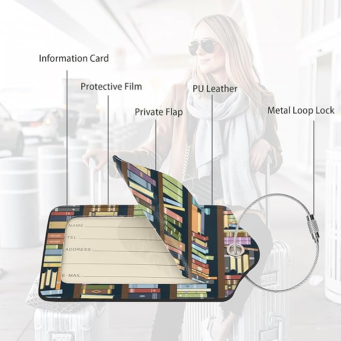 2 Pack Luggage Tags for suitcases Cute Book Luggage Tag, Leather Stainless Steel Loop Label Tag for Men Women Travel Bag Suitcase(Book)