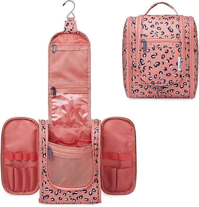 Narwey Small Hanging Cheetah Toiletry Bag Women Travel Makeup Bag Organizer Toiletries Bag for Travel Size Essentials Accessories Cosmetics (Medium, Orange Leopard)