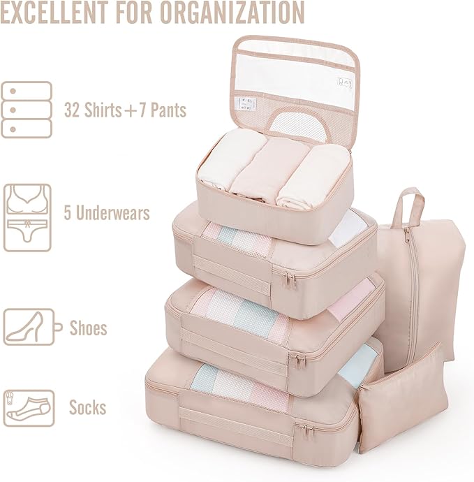 Veken 8 Set Packing Cubes for Travel, Beach Vacation Essentials Accessories for Cruise Ship, Suitcase Organizer Bags for Luggage with Hanging Toiletry & Shoe Bag, Birthday Gifts for Women Mom Her