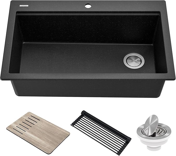 KRAUS Bellucci Workstation 33" Single Bowl Granite Kitchen Sink in Metallic Black w/Accessories, KGTW2-33MBL, Includes Dish Drainer/Dish Drying Rack