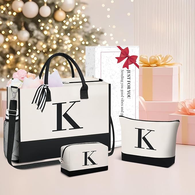 BAGAIL Initial Tote Bag, Personalized Birthday Gifts for Women, Teacher, Friends, Mom, Wedding, Monogrammed Beach Bag
