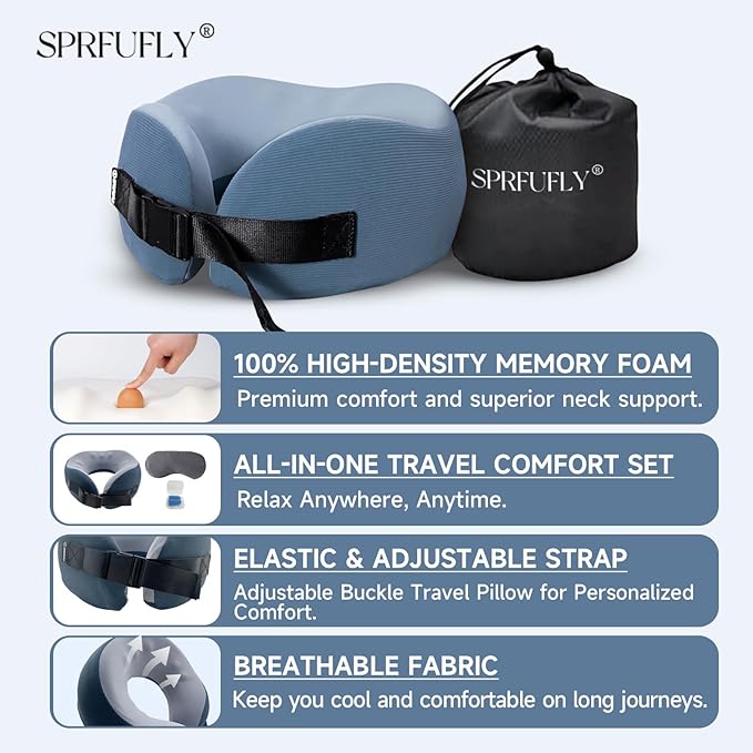 Travel Pillow/Neck Brace, Airplane Pillow with Sleep Mask and Ear Plugs, Breathable Removable Cover & Ergonomic Design - Essentials Travel Neck Pillow for Airplane, Car, Office & Home Use (Blue)