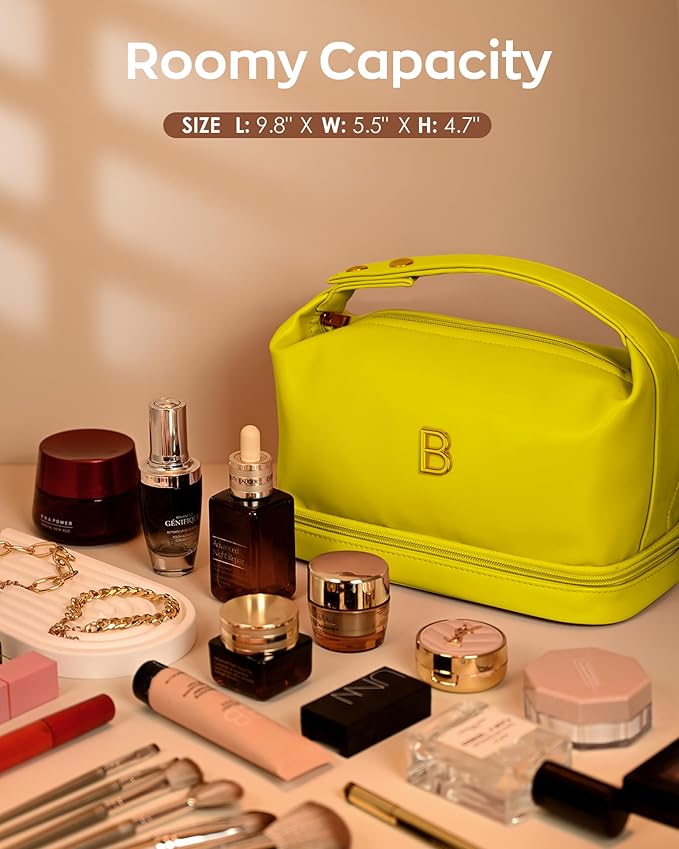Teenage Girls Gifts Ideas, Personalized Makeup Bag with Handle, Initial Double Layer Cosmetic Bag with Makeup Brush Organizer, Cute Cosmetic Pouch for Women, Gifts for Friends Female Mom