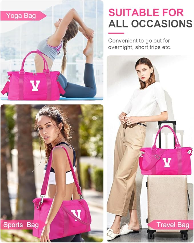 Overnight Bag for Kids Teen Girls Weekender Dance Bag Birthday Graduation Gifts,Initial Travel Duffel Bag Sports Gym Bag Personalized Weekender Bag Carry On Bags Preppy Gifts for Women(Hot Pink, V)