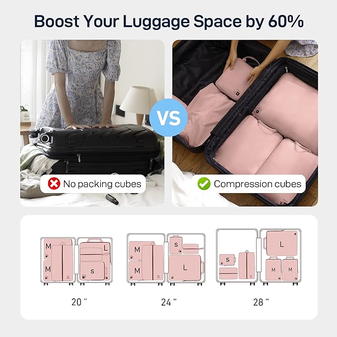 EPICKA 6 Set Ultra-Lightweight Compression Packing Cubes - Water Resistant Durable Travel Organizers with Toiletries Bag for Women, Expandable Travel Accessories for Carry on Luggage, Suitcase (Pink)