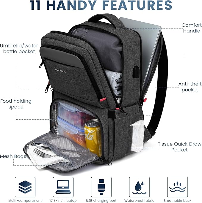 Lunch Backpack, 17.3 Inch Large Lunch Backpack Insulated Cooler Bag Travel Laptop Backpack with USB Port for Men Women, RFID Blocking for Work Picnics Black