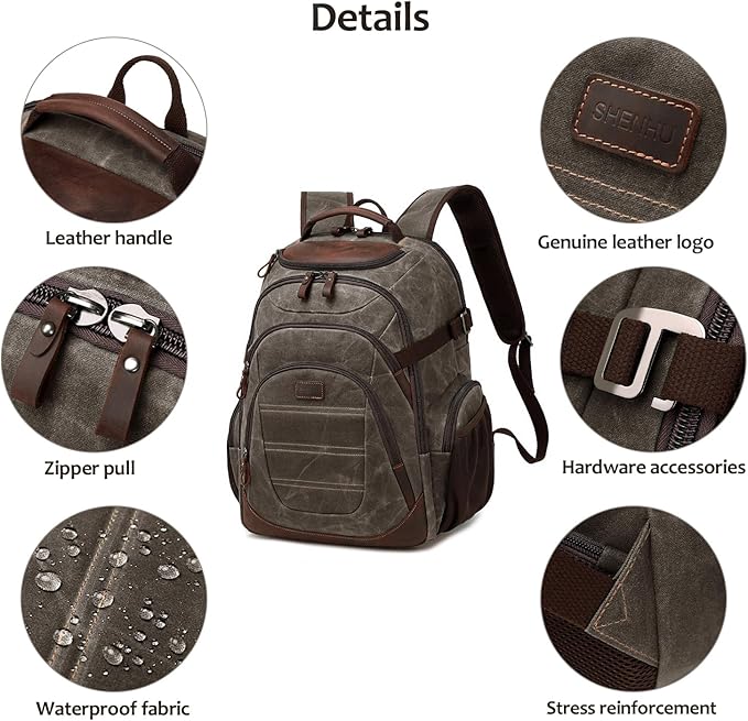 Travel Laptop Backpack 17.3 inch XL Computer Backpack for Men Waxed Canvas College Daypack Business Backpack Green