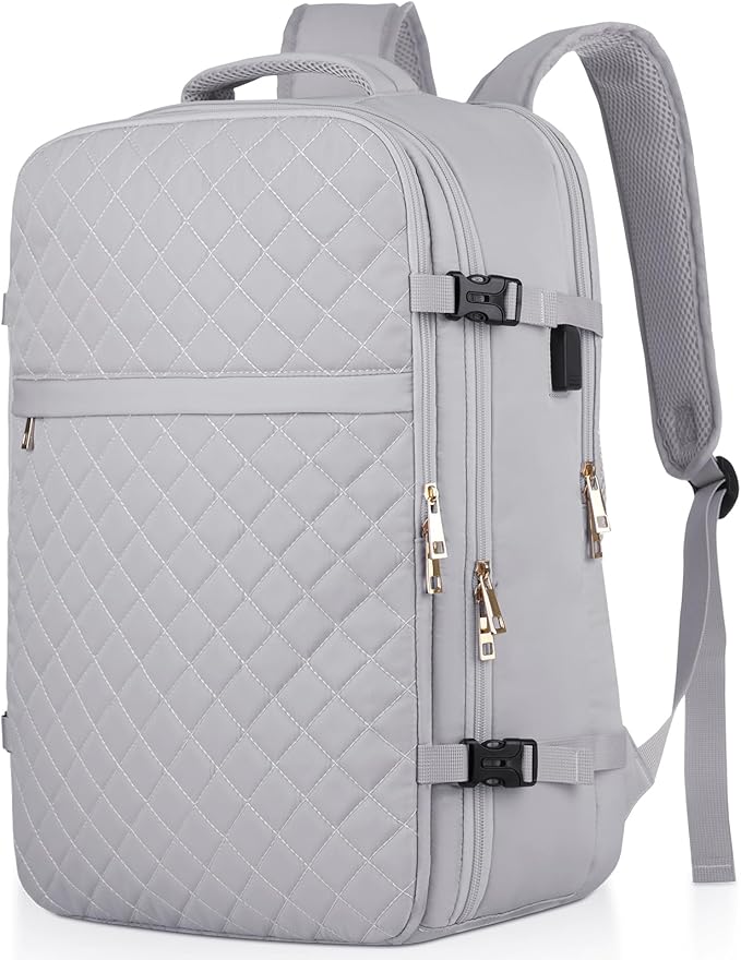 MOMUVO Large Travel Backpack Women, Flight Approved Carry On Backpack, Water Resistant Anti-Theft Large Casual Daypack Fit 17 Inch Laptop with USB Charging Port, Grey