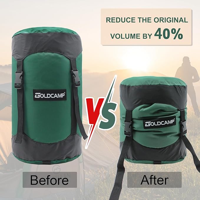 GoldCamp compression stuff sack for Ultralight sleeping bag, space saving gear with dust flap,18L/30L/43L/49L/65L Compression Stuff Sack, Waterproof, Camping, Travel, Outdoor, Backpacking(Green, M)