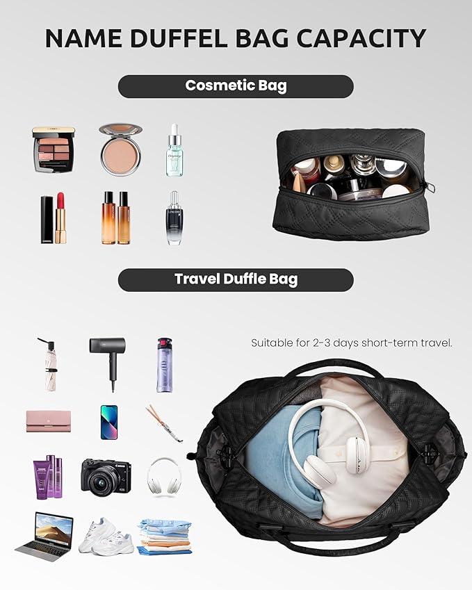 Initial Duffle Bag with Shoe Compartment, Personalized Weekender Bag with Shoulder Strap, Overnight Bag for Women with Trolley Sleeve & Wet Pocket, Travel Bag with Makeup Bag (Letter E)