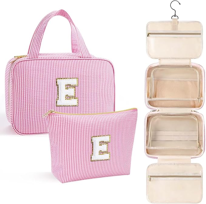 YOOLIFE Teen Girl Gifts Trendy Stuff - Birthday Gifts for 7 8 9 10 11 12 13 14 15 16 17 18 Year Old Teen Girls, Hanging Toiletry Bag Initial Makeup Bag - Letter E, Pink