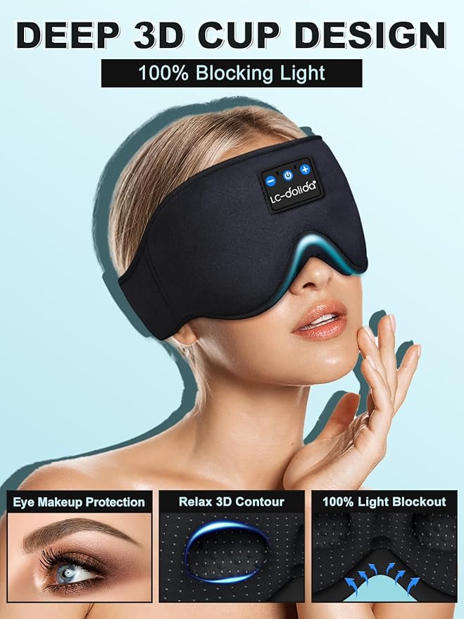 LC-dolida Sleep Headphones, 3D Sleep Mask Bluetooth Wireless Music Eye Mask, Sleeping Headphones for Side Sleepers Sleep Mask with Bluetooth Headphones Ultra-Thin Stereo Speakers Perfect for Sleeping
