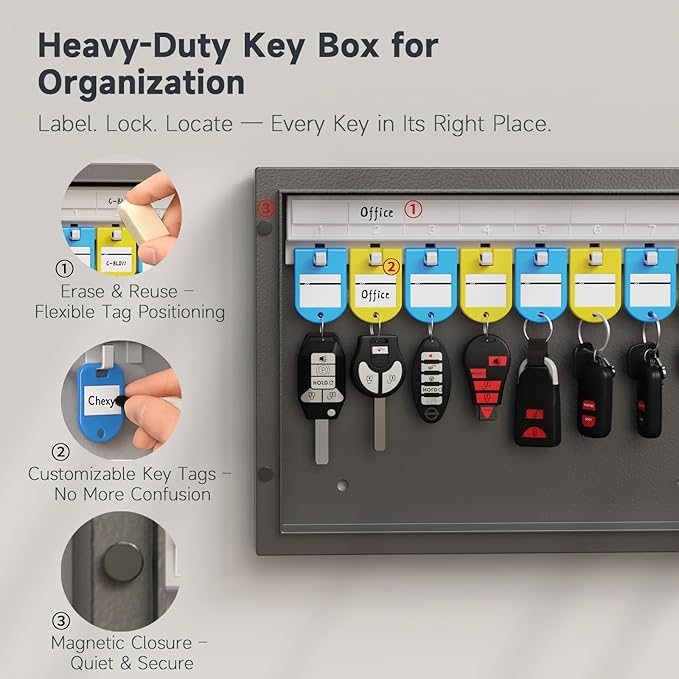 24-Key Cabinet Organizer - Key Lock Box & Safe Security Storage Holder for Valets, Hotels, Car & House Keys, Keeper Box - Black