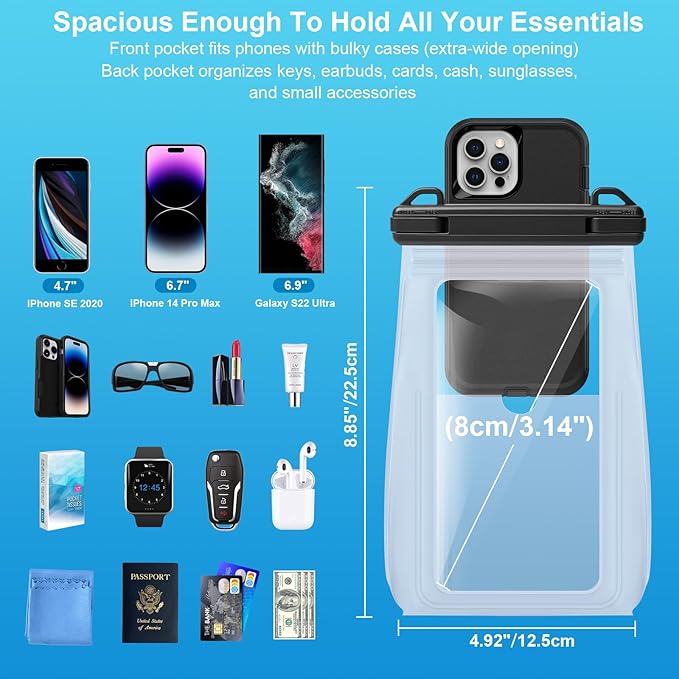 2 Pack Large Waterproof Phone Pouch, Waterproof Phone Case for iPhone 16 15 14 13 Pro Max Galaxy S25 S24 All Devices, IPX8 Double Sealing, Floating Water Proof Bag for Beach Water Park